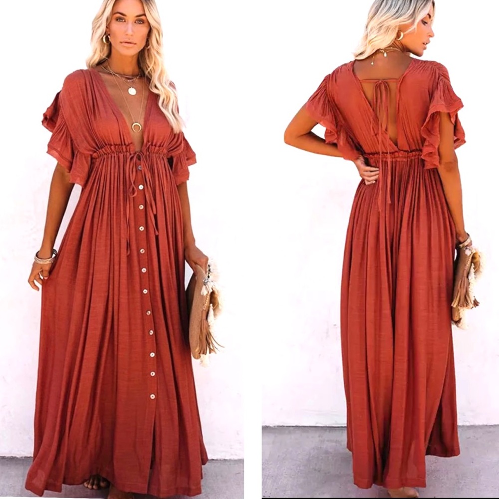 Boho Maxi Dress Gauze Button Front Beach Dress